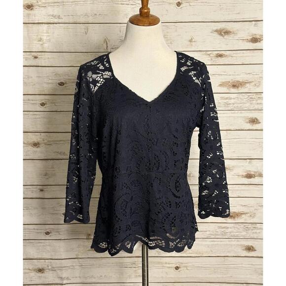 Nanette Lepore Tops - Nanette Lepore navy blue V-neck 3/4 length sleeve floral lace top/blouse Size L